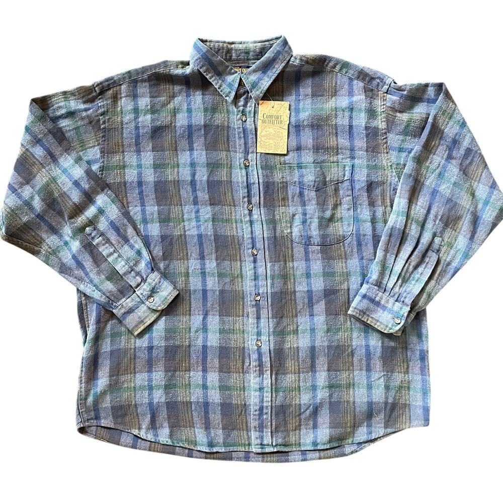 VTG-Inspired Comfort Outfitter Big Mens Flannel Shirt 2XL Blue Plaid 100% Cotton